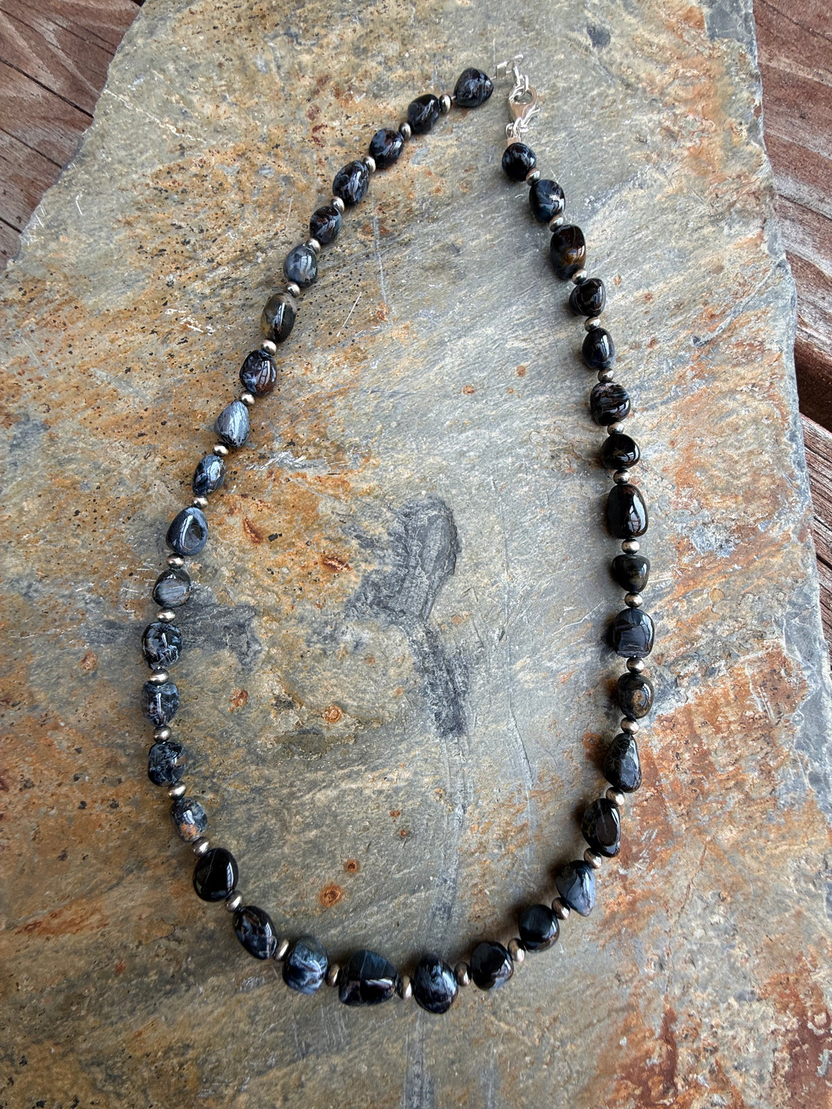 Pietersite Nugget Bead & Sterling Silver Pearl Necklace 16 inch