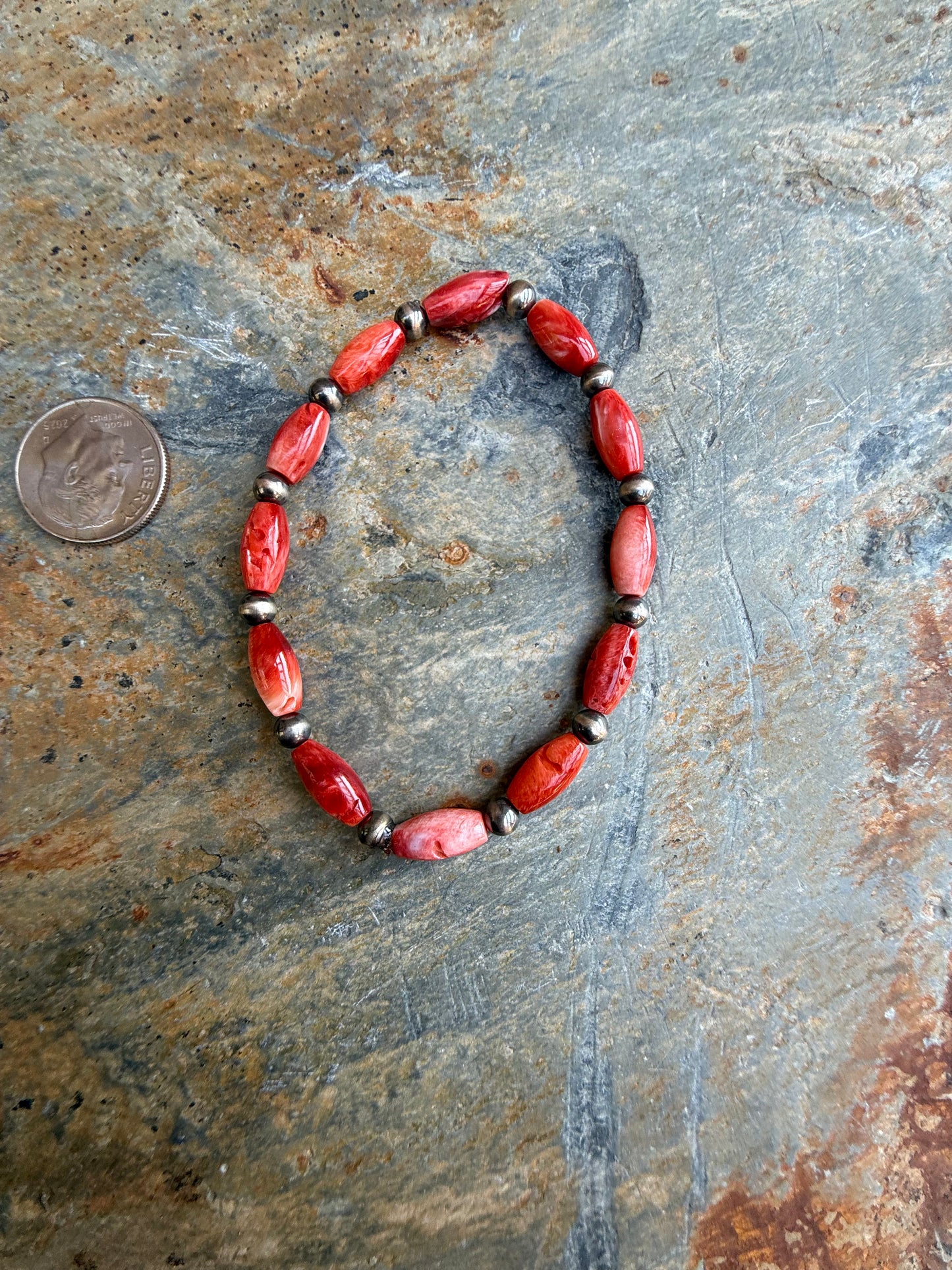 Red Spiny Oyster Rice Beads Sterling Silver Pearl Bracelet