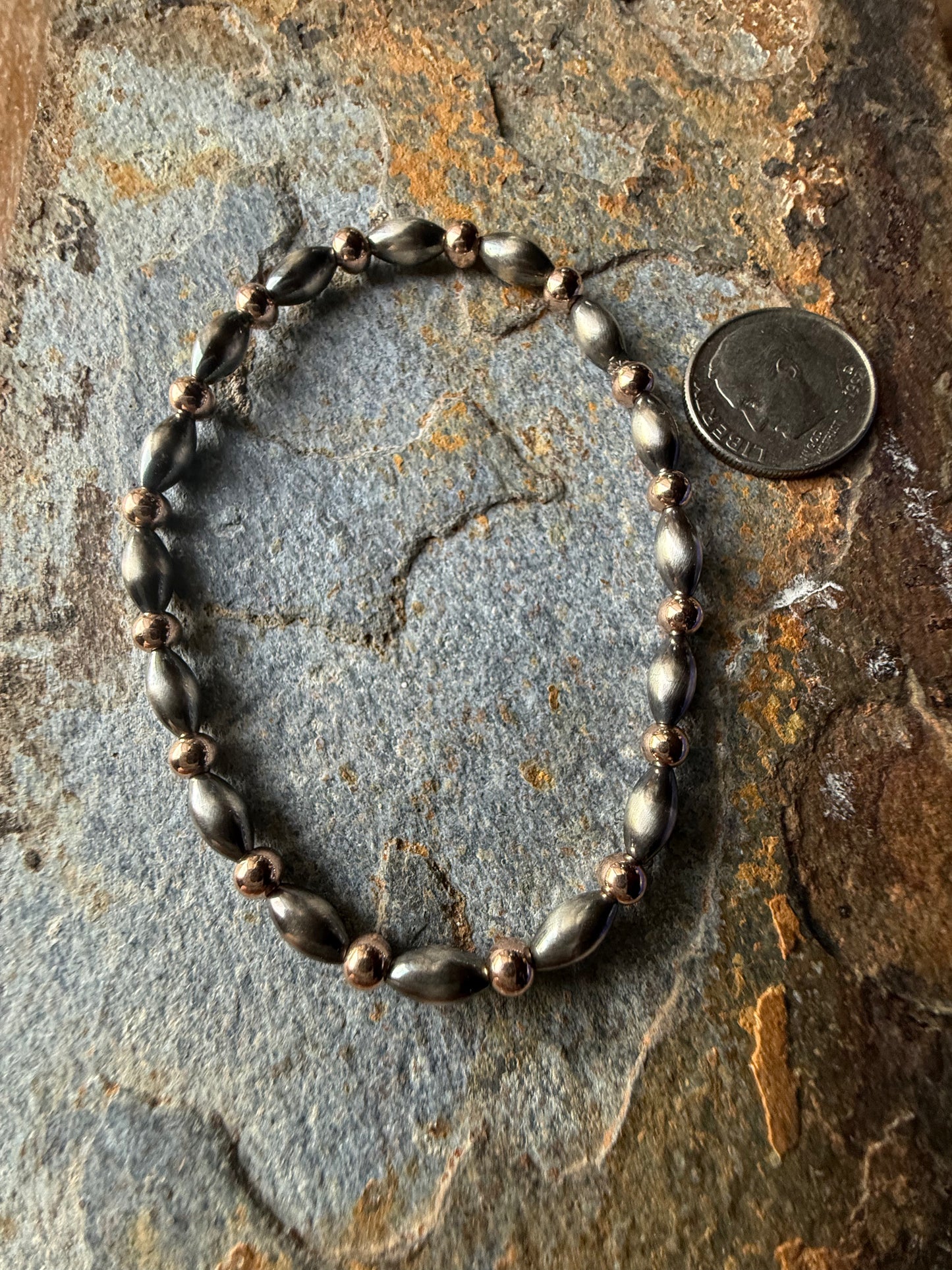 Sterling Silver Pearl Torpedo & Rose Gold Bead Bracelet