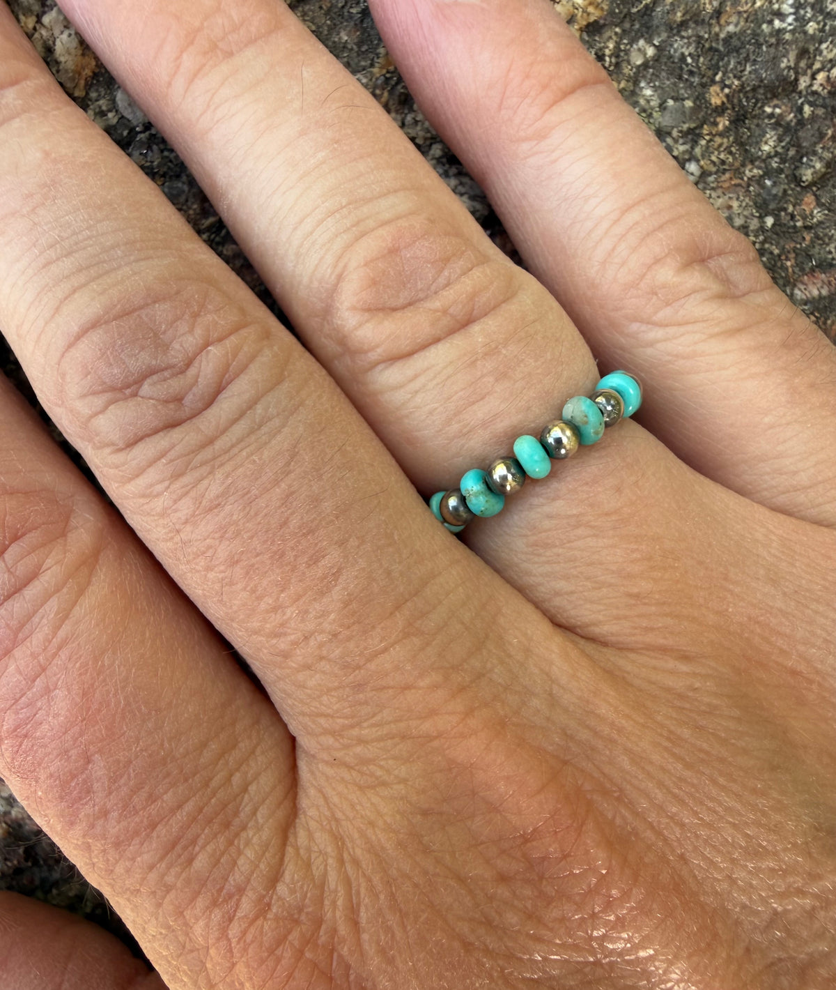 Sterling Silver Pearl Kingman Turquoise Beaded Ring