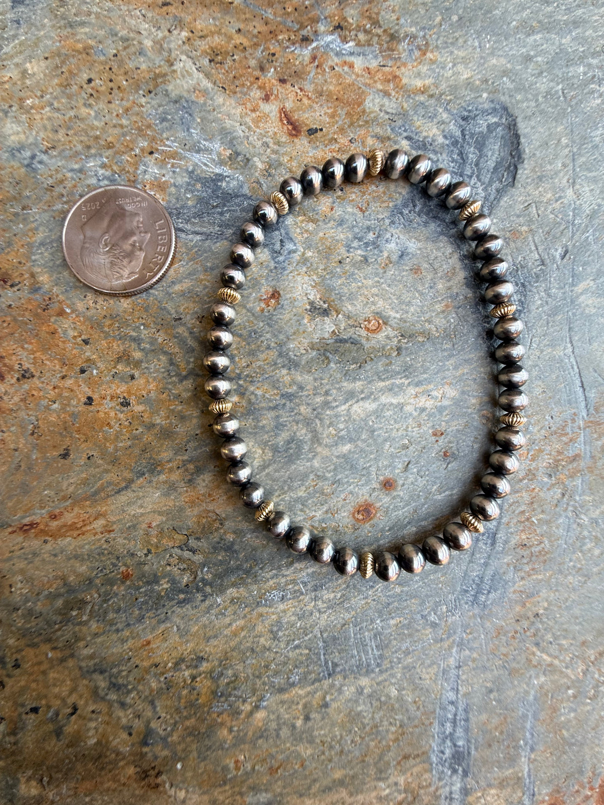 Sterling Silver Pearl & 14K Gold Corrugated Saucer Bead Bracelet