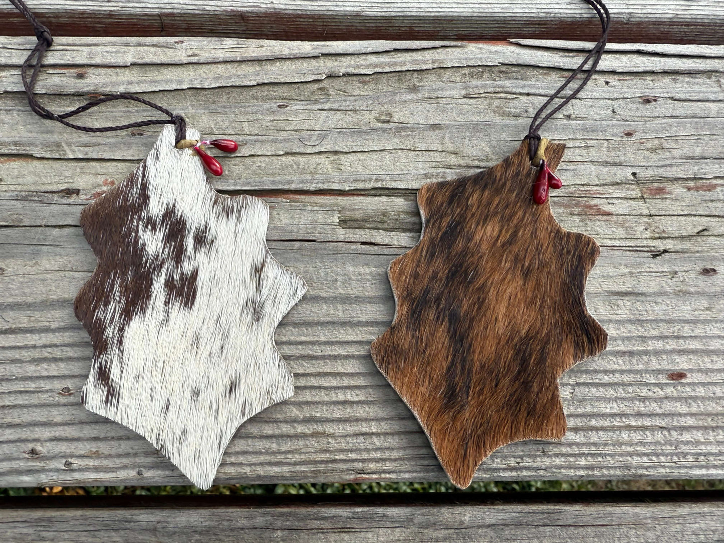 Hair-on cowhide Christmas holly leaf ornament