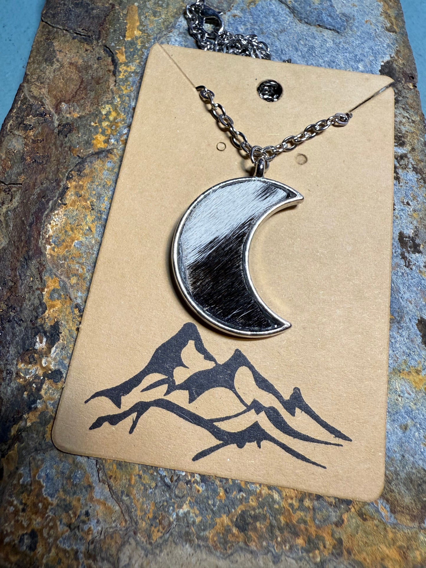 Black & White Hair-On Cowhide Moon Pendant Necklace