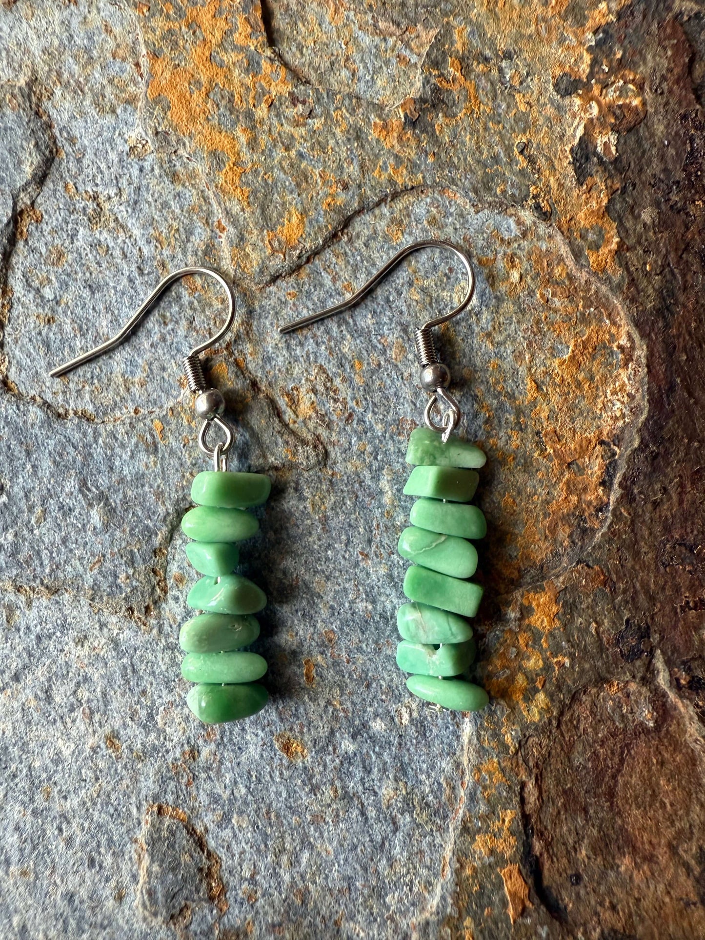 Nevada Variscite Chip Earrings featuring unique green hues and natural matrix patterns on each handcrafted pair.