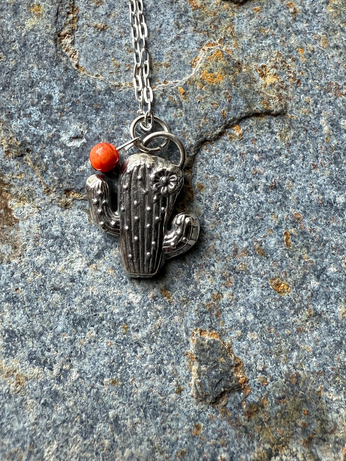 Silver cactus-shaped pendant with a red gemstone on a chain, placed on a textured stone surface.