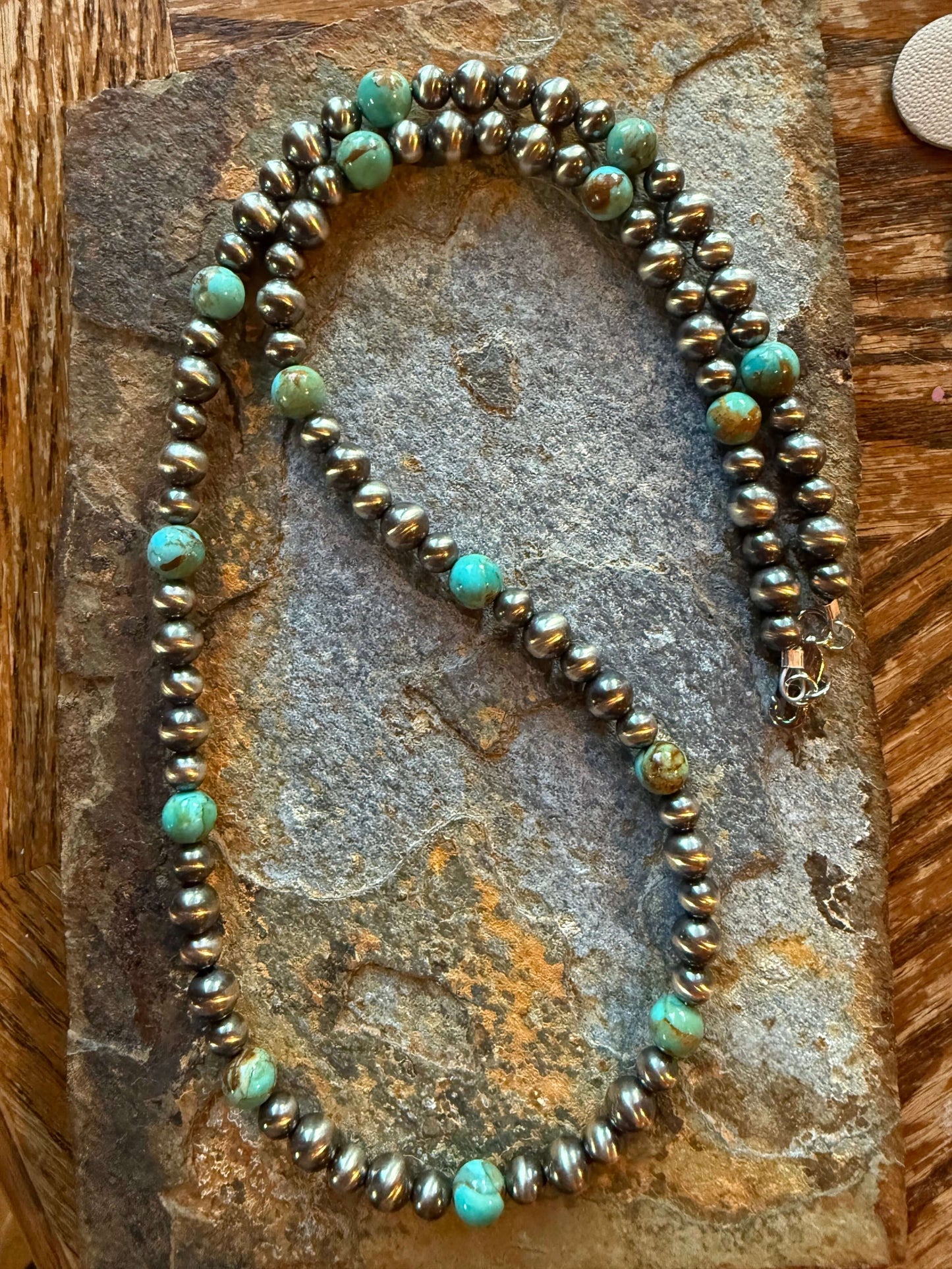 Sterling Silver Pearls and Kingman Round Bead Necklace Elegant Pearl and Kingman Bead Jewelry