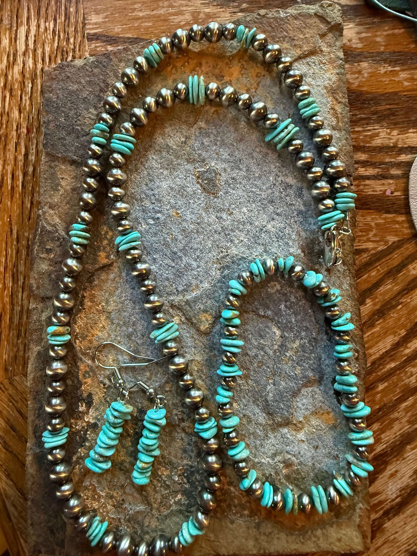 Sterling Silver Pearls and Kingman Turquoise Chip Rustic Southwestern Pearl Turquoise Necklace
