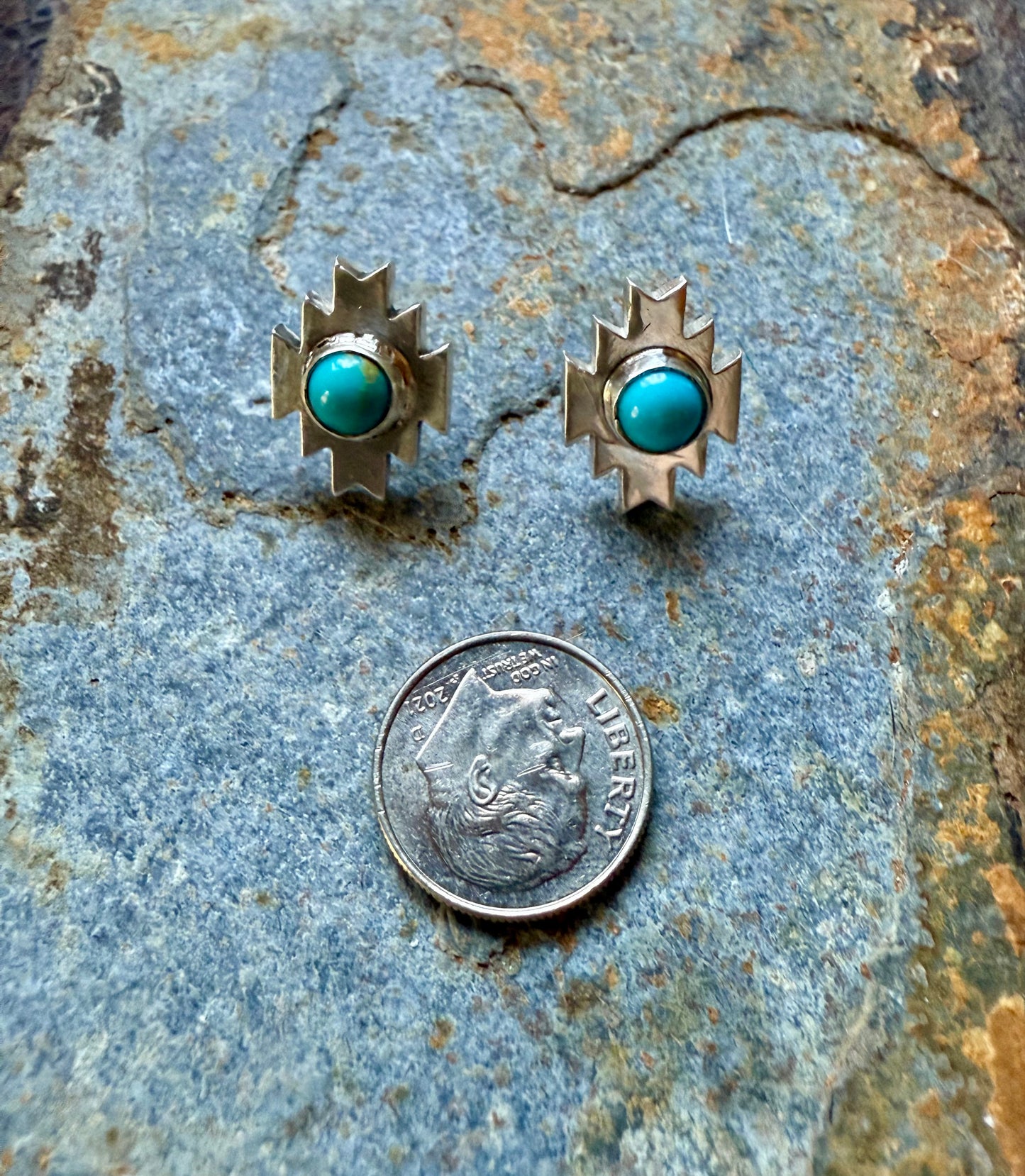Silver Aztec Post Earrings with Kingman Turquoise