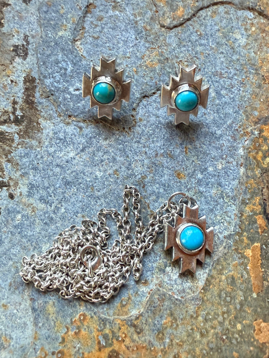 Silver Aztec Necklace with Kingman Turquoise