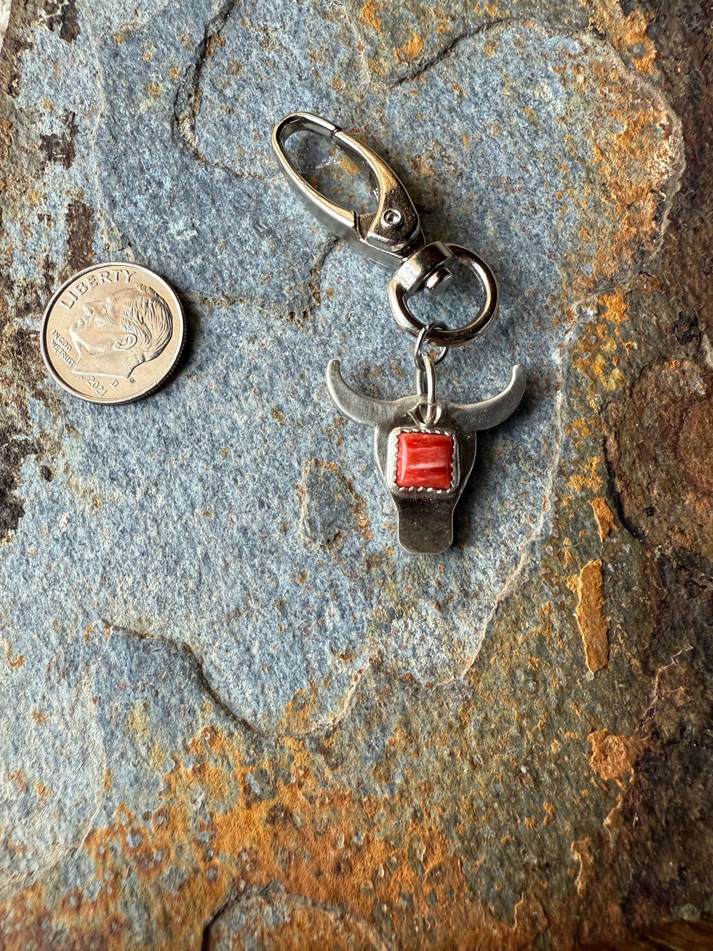 Silver Steer Head Keychain Square Red Spiny Oyster keychain