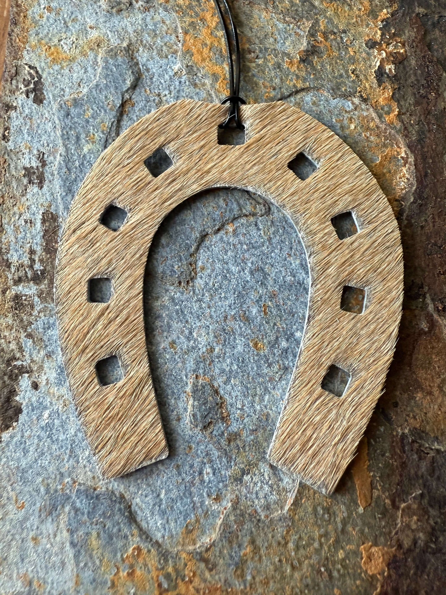 Hair-On Cowhide Horse Shoe Ornament Authentic Cowhide Horseshoe Accent