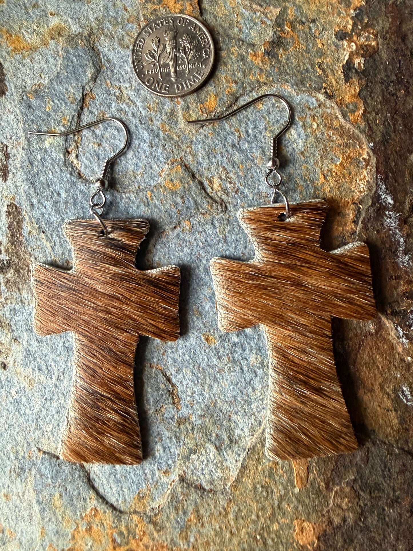 Cowhide Cross Earrings 2 inch
