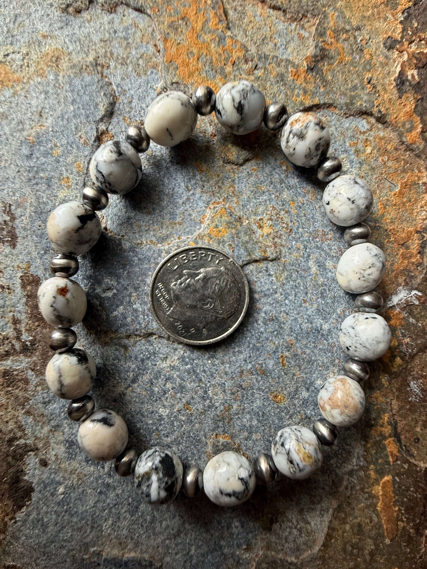 White Buffalo Round Beads Sterling Silver Pearl Bracelet