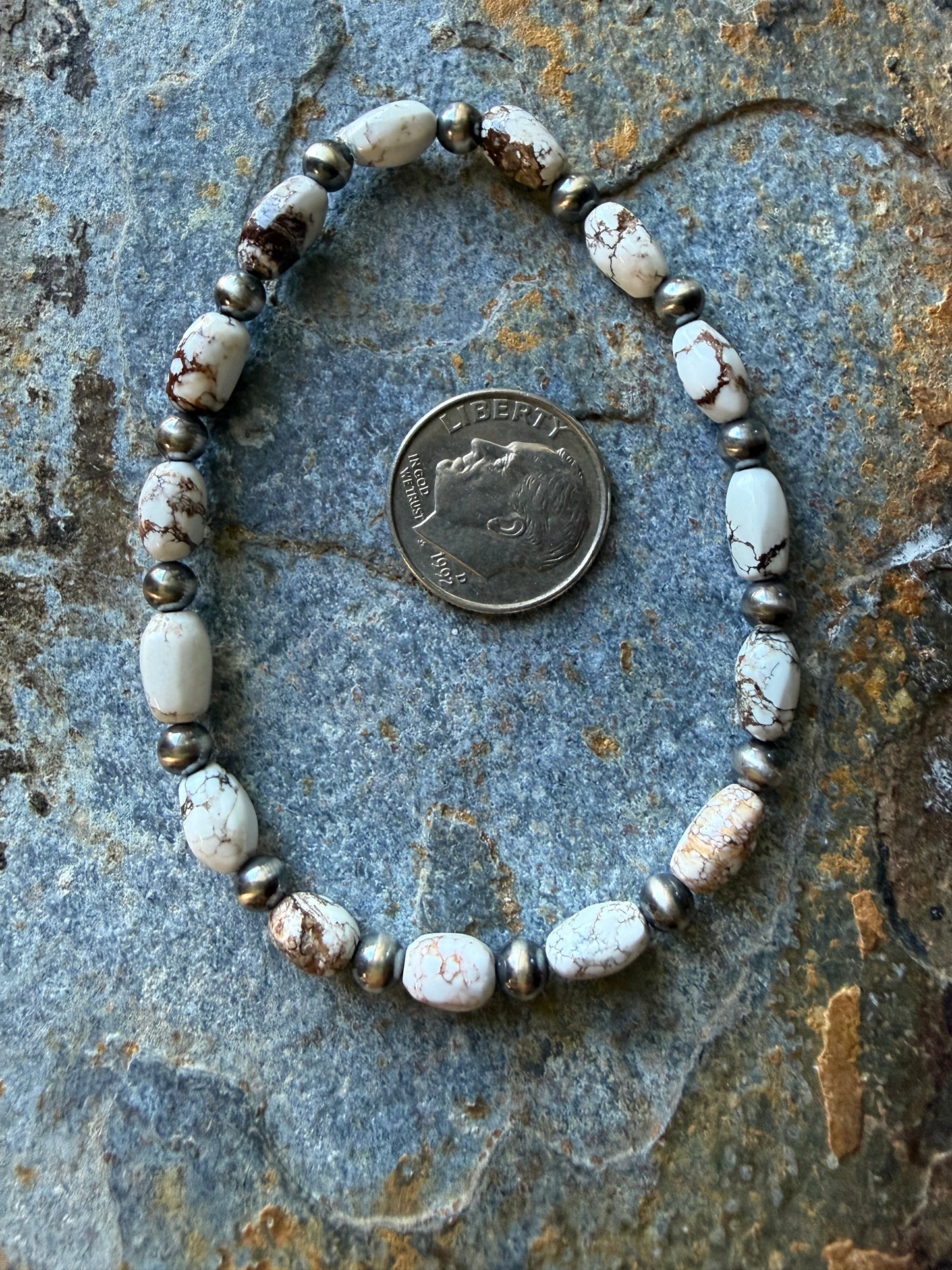 Wild Horse Magnesite Rice Beads Sterling Silver Pearl Bracelet