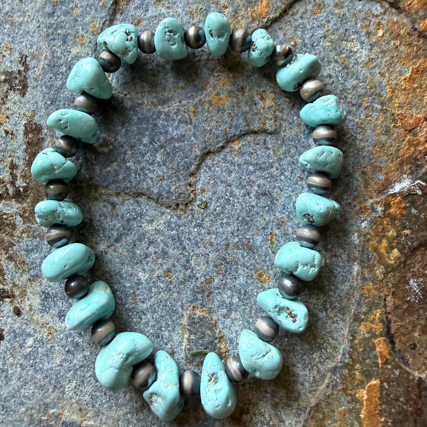 White Creek Turquoise Nugget Bead & Sterling Silver Pearl Bracelet
