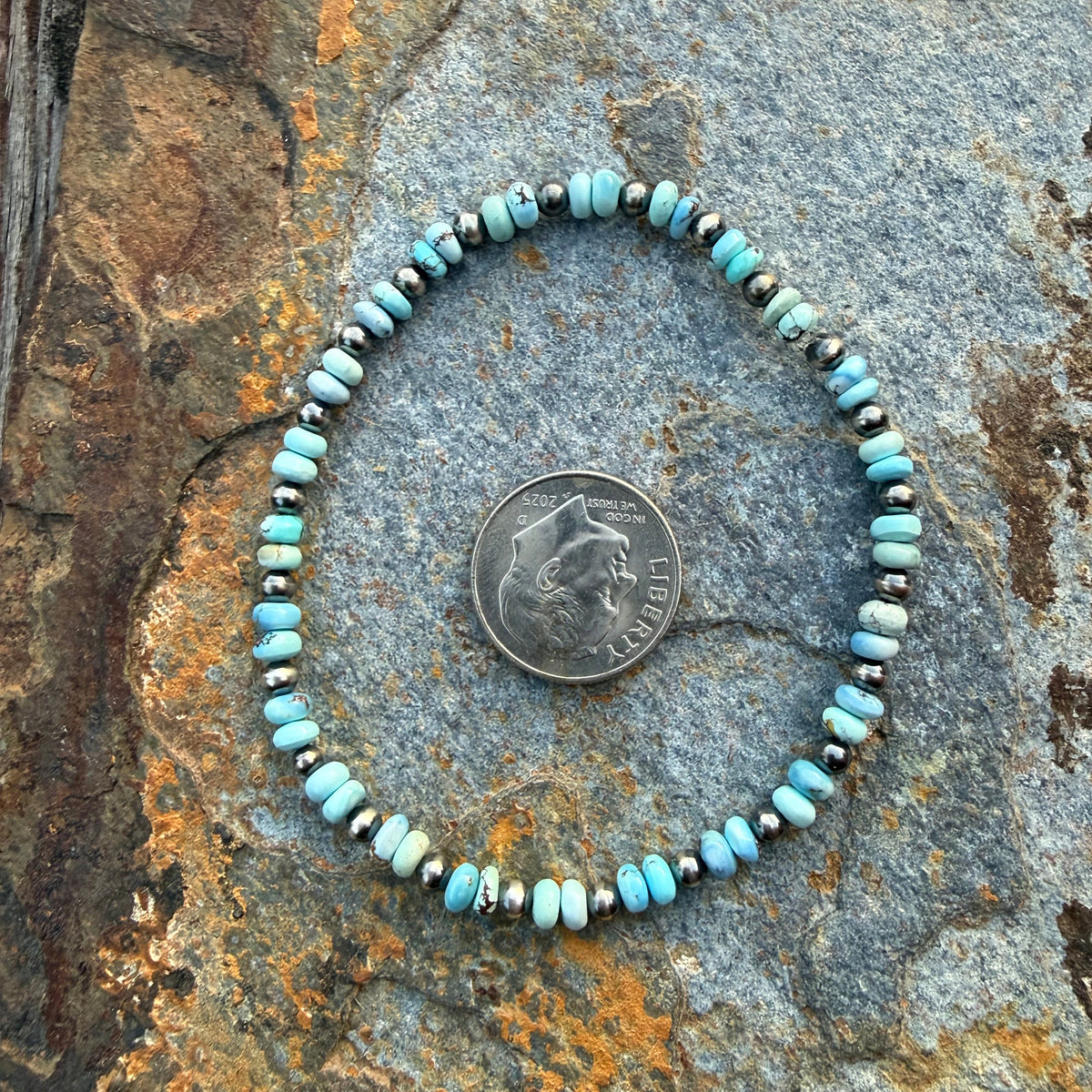 Golden Hills Turquoise Mini Rondel Beaded Sterling Silver Pearl Bracelet