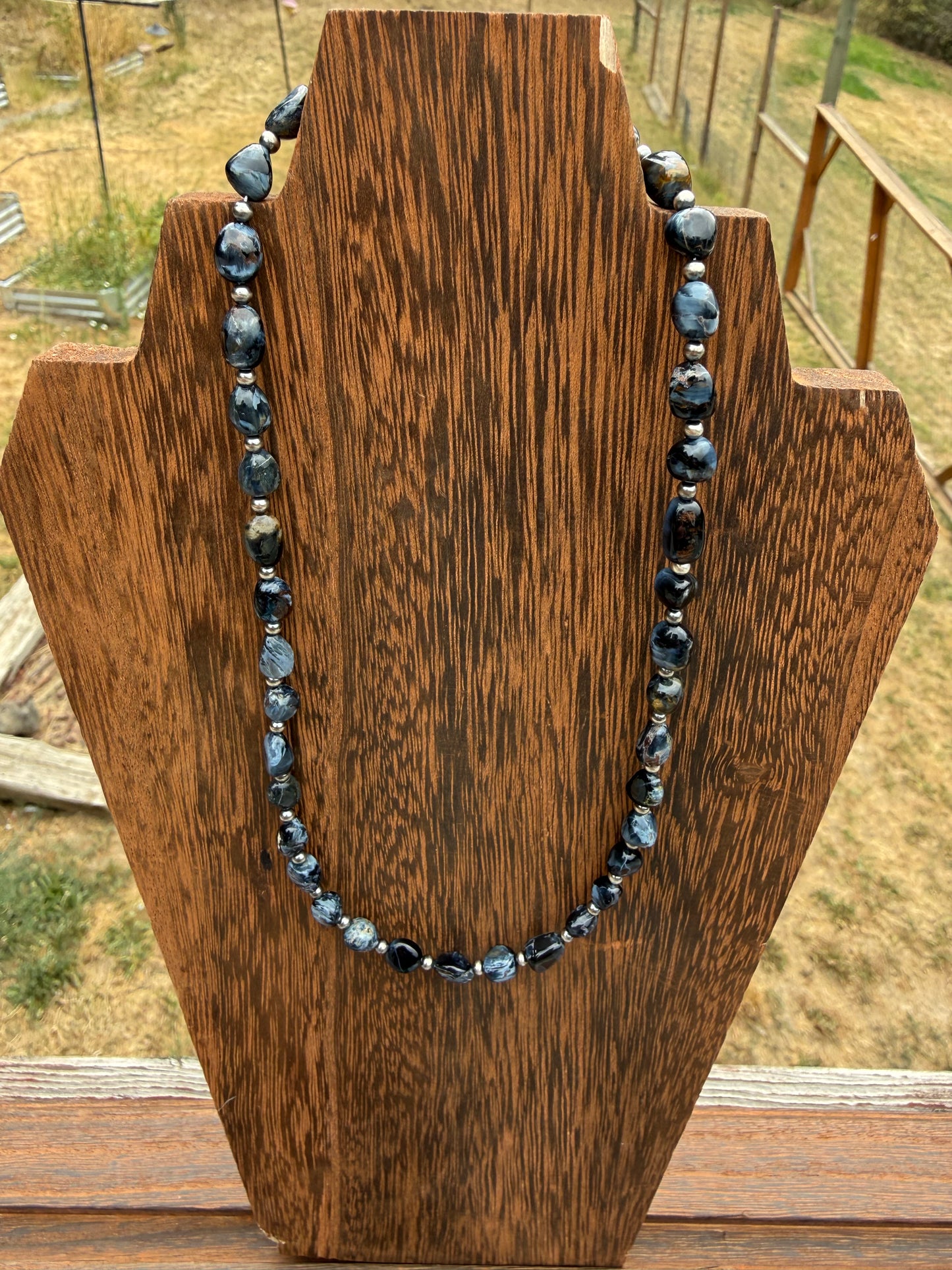 Pietersite Nugget Bead & Sterling Silver Pearl Necklace 16 inch
