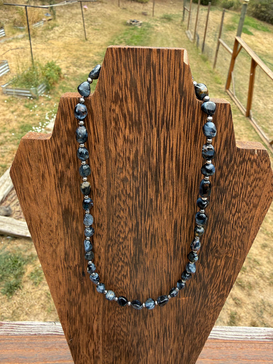 Pietersite Nugget Bead & Sterling Silver Pearl Necklace 16 inch