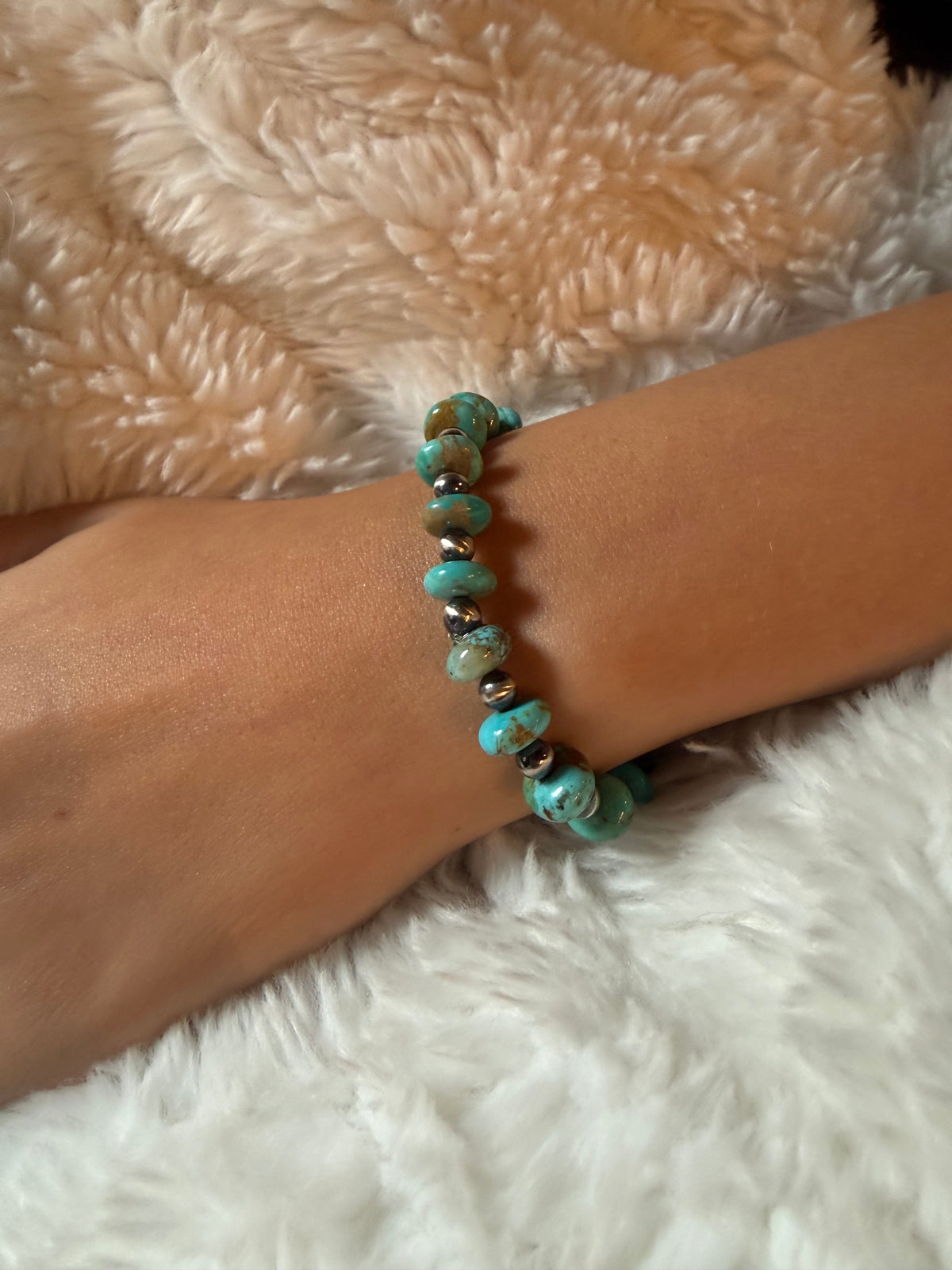 Chunky Kingman Turquoise Bead Sterling Silver Pearl Bracelet