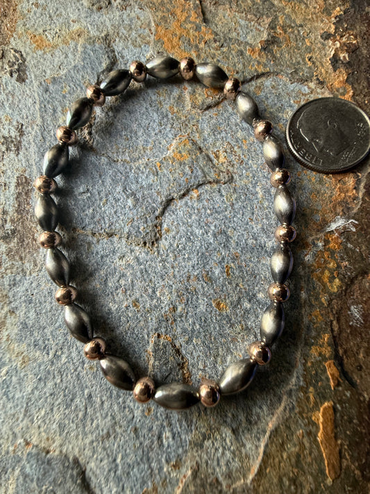 Sterling Silver Pearl Torpedo & Rose Gold Bead Bracelet