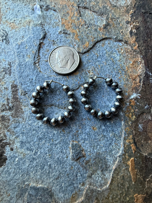 Sterling Silver Pearl Beaded Hoop Earrings Small
