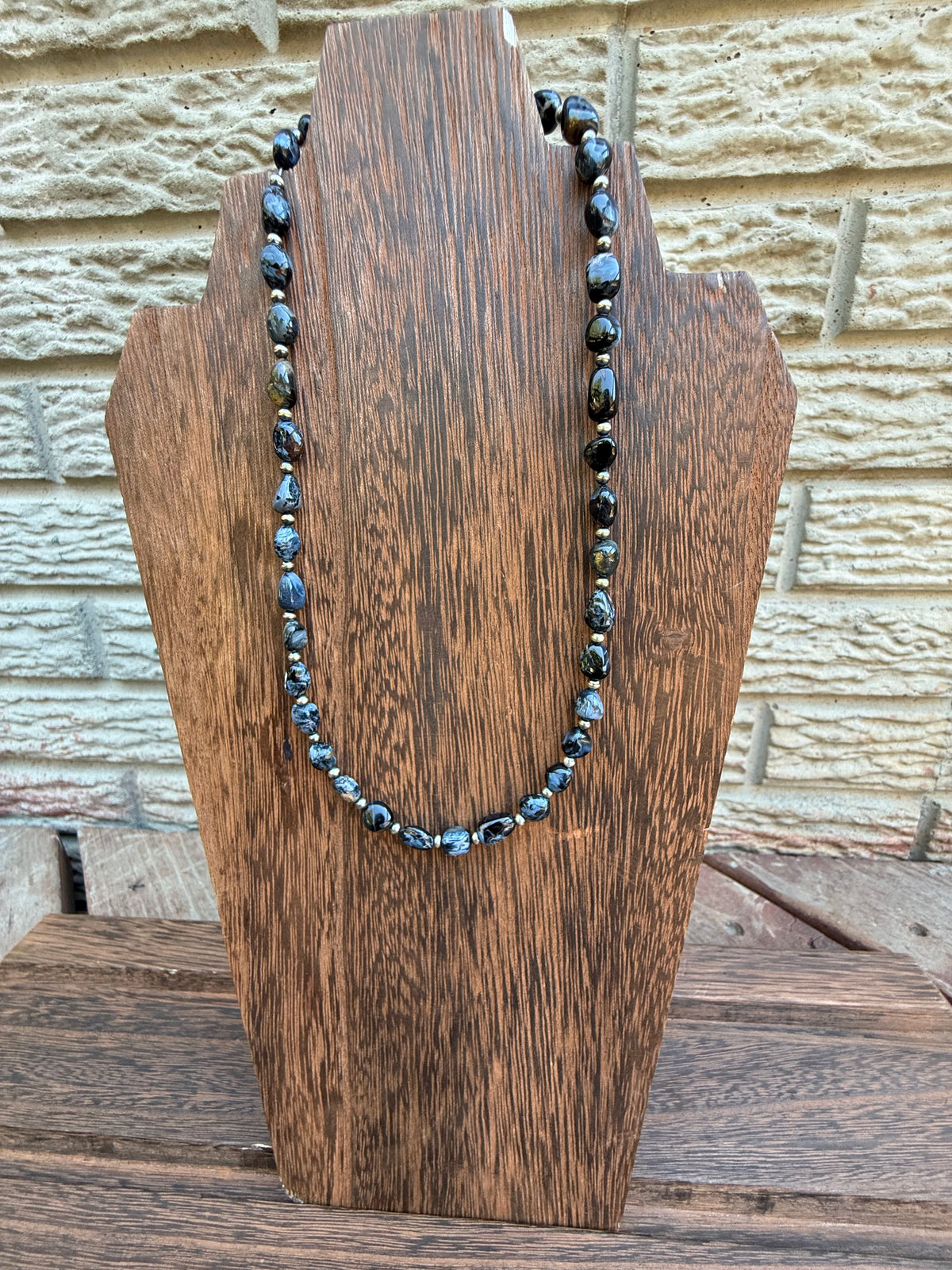 Pietersite Nugget Bead & Sterling Silver Pearl Necklace 16 inch