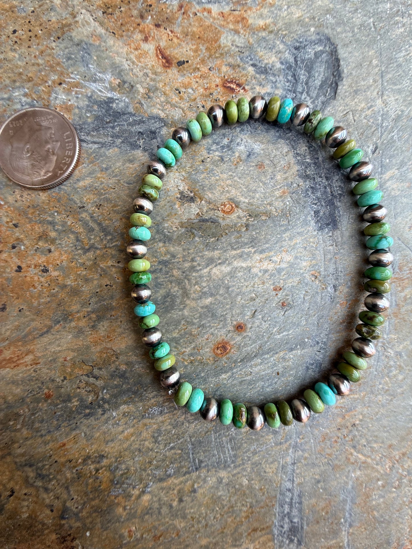 Sonoran Gold Turquoise Mini Rondel Bead Sterling Silver Pearl Bracelet