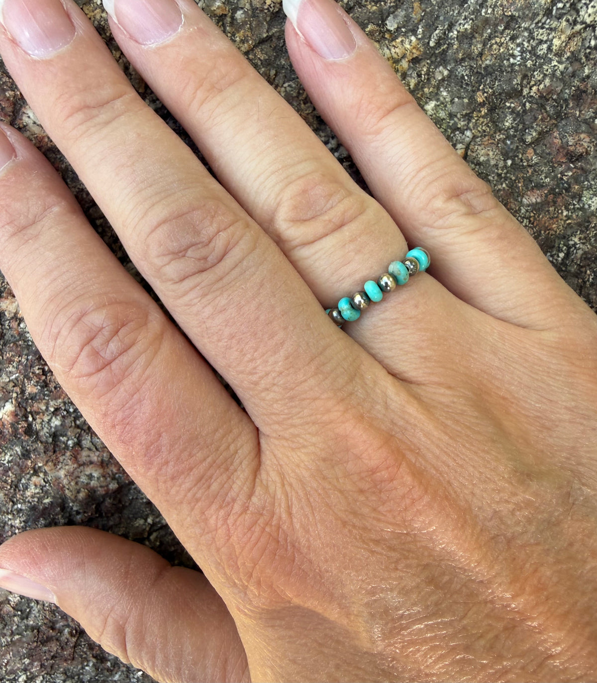 Sterling Silver Pearl Kingman Turquoise Beaded Ring