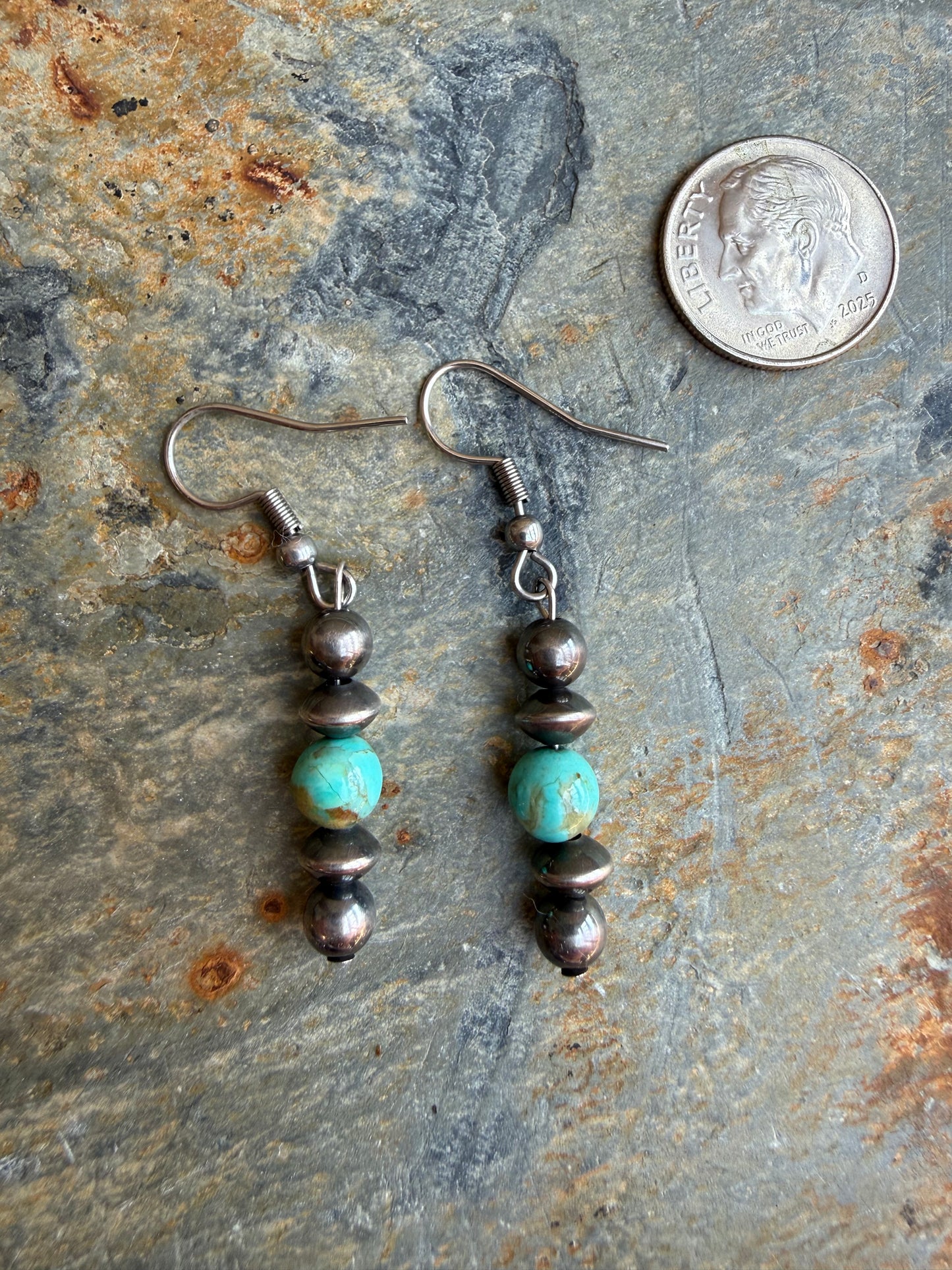 Sterling Silver Pearl Kingman Turquoise Round Bead Earrings