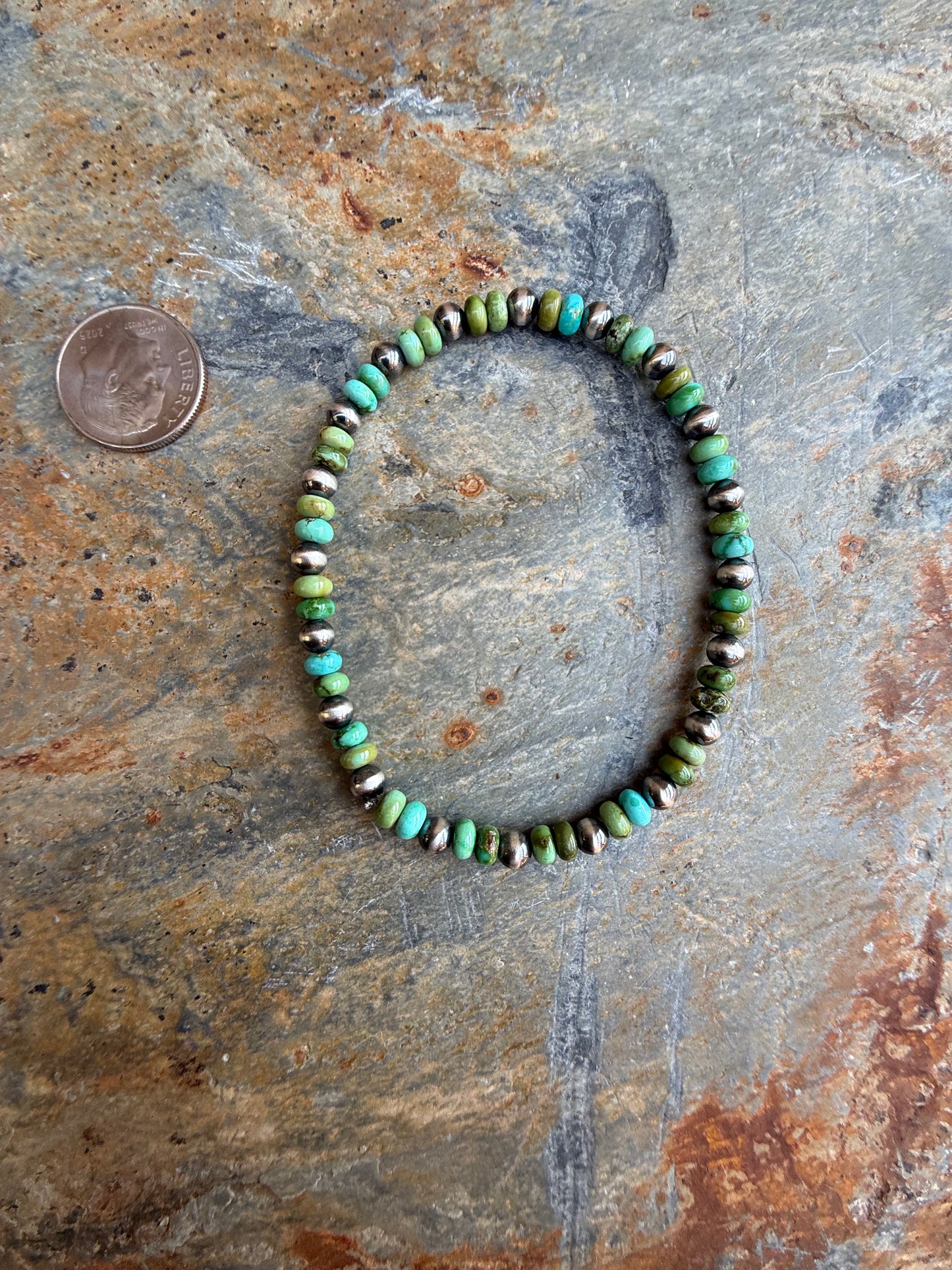 Sonoran Gold Turquoise Mini Rondel Bead Sterling Silver Pearl Bracelet