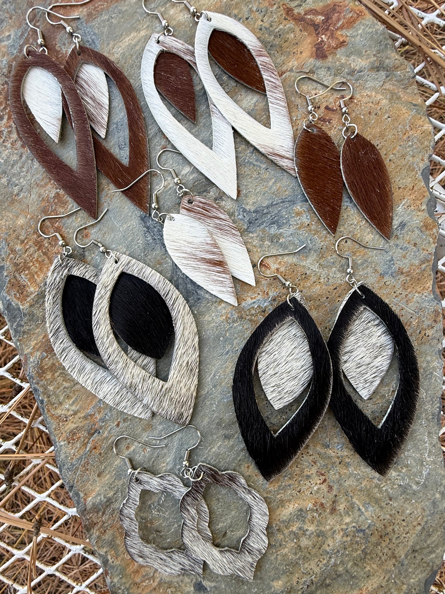 Cowhide Large Narrow Open Pointed Teardrop Earrings
