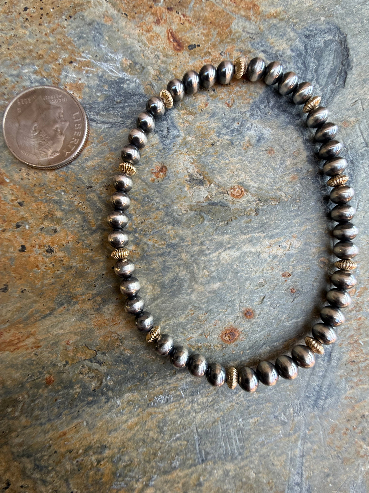 Sterling Silver Pearl & 14K Gold Corrugated Saucer Bead Bracelet