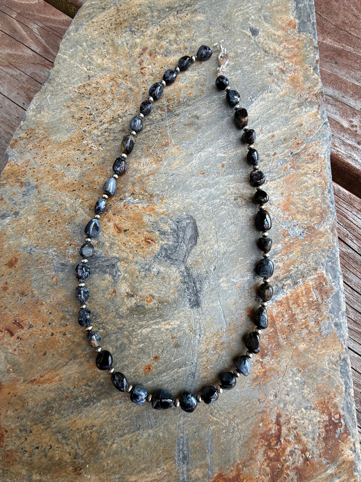 Pietersite Nugget Bead & Sterling Silver Pearl Necklace 16 inch