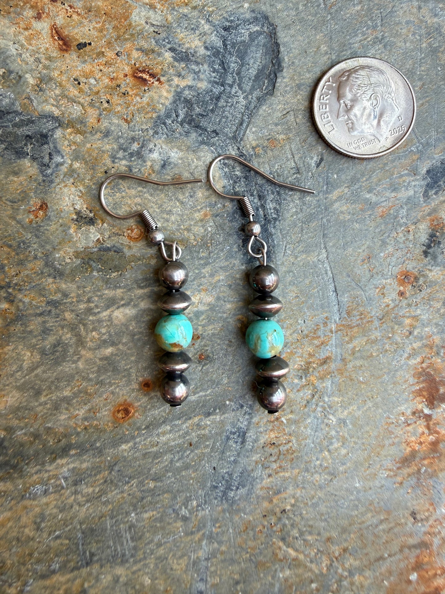 Sterling Silver Pearl Kingman Turquoise Round Bead Earrings