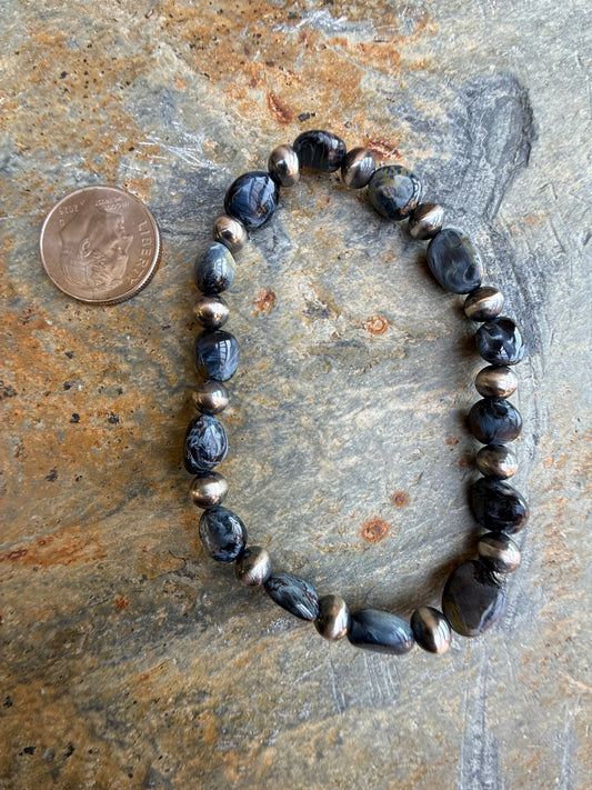 Pietersite Nugget Bead Sterling Silver Pearl Bracelet