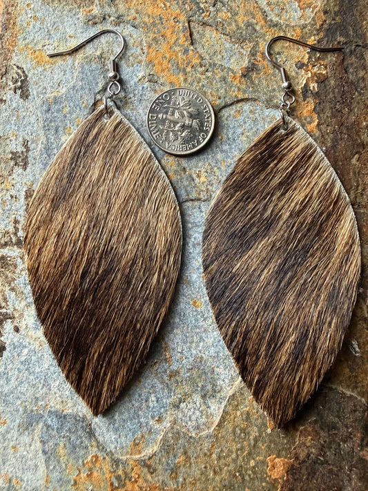 Cowhide Large Leaf Earrings showcasing hair-on cowhide in bold tones with large leaf design.