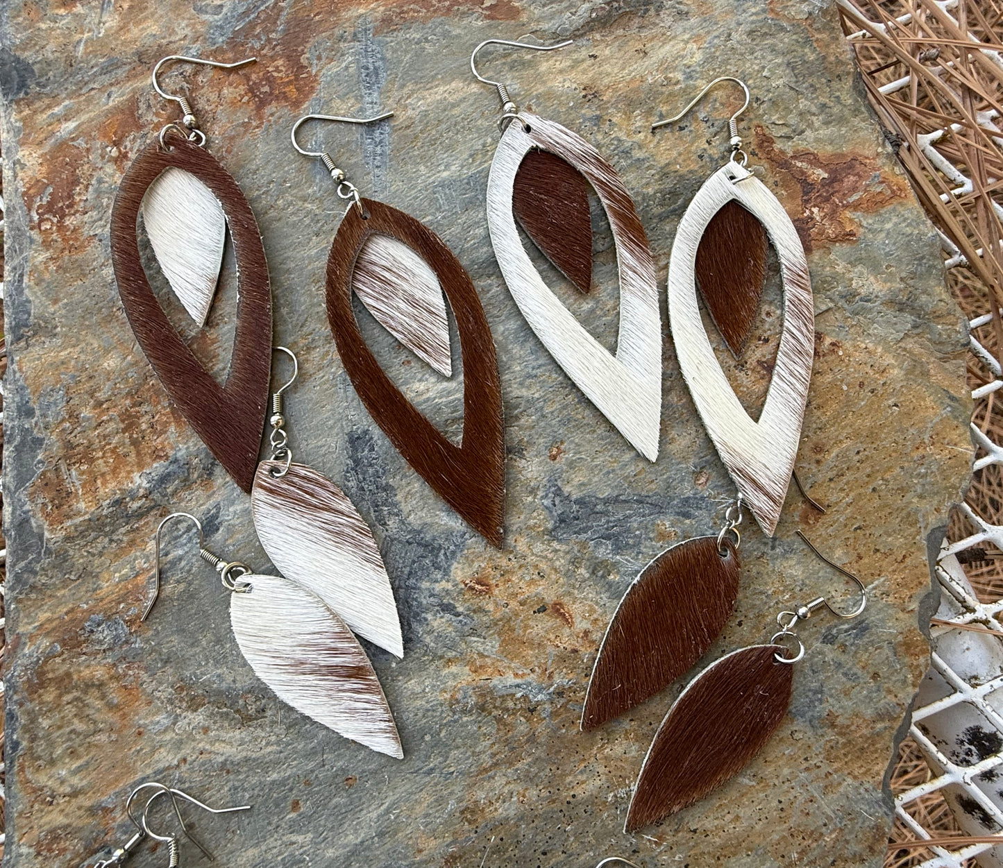 Cowhide Large Narrow Open Pointed Teardrop Earrings