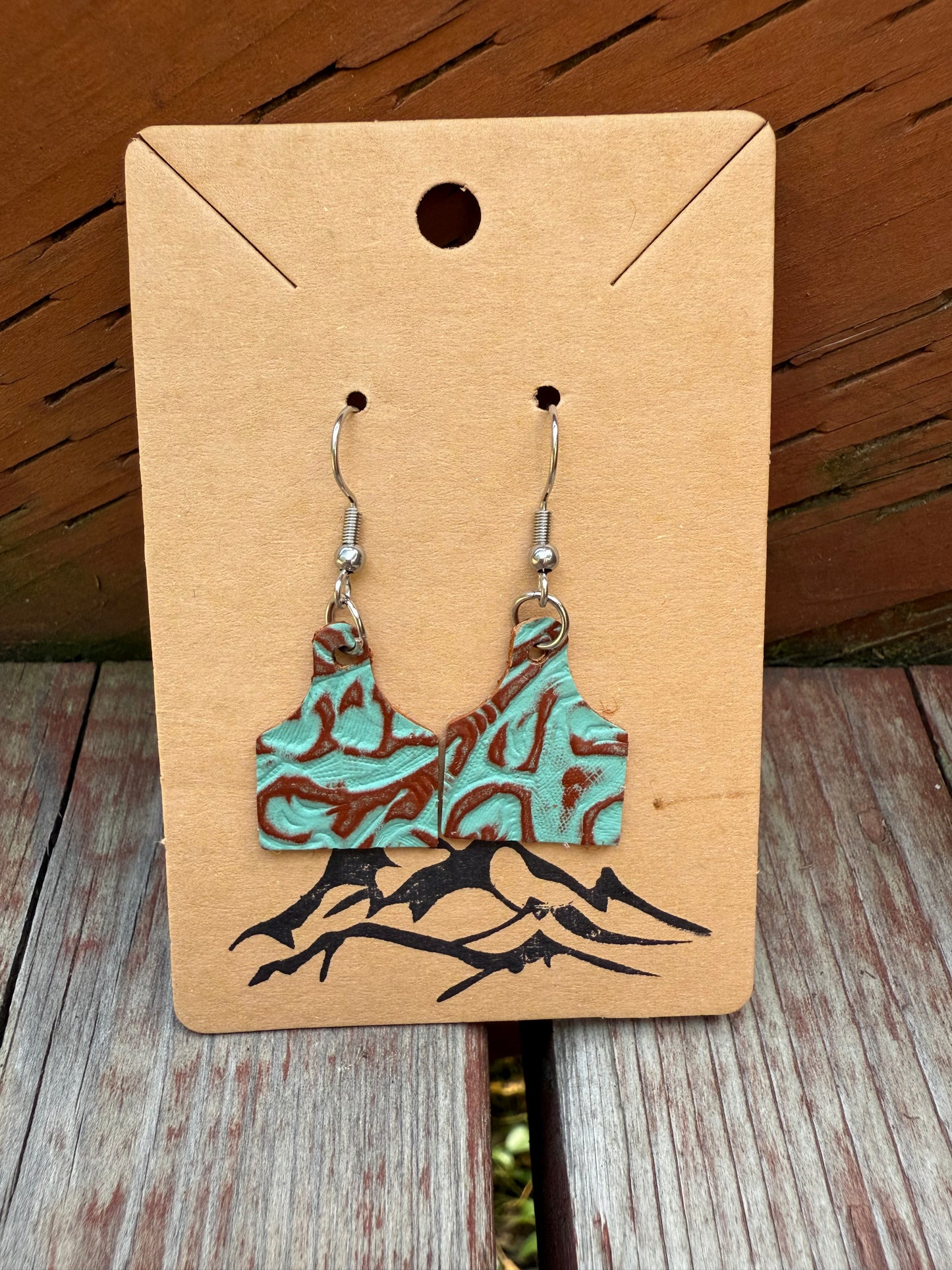 Embossed Leather Mini Cow Tag Earrings