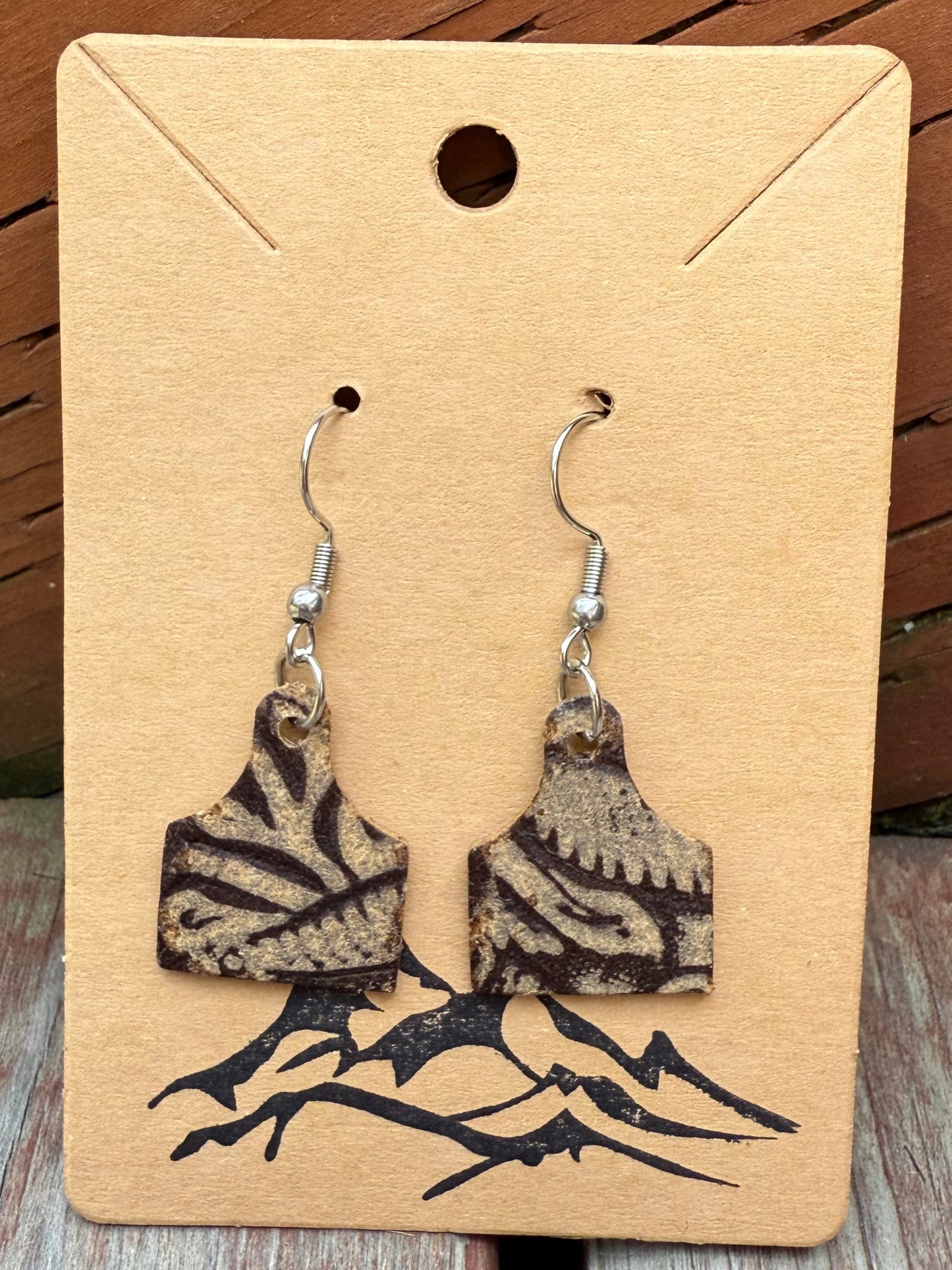 Embossed Leather Mini Cow Tag Earrings