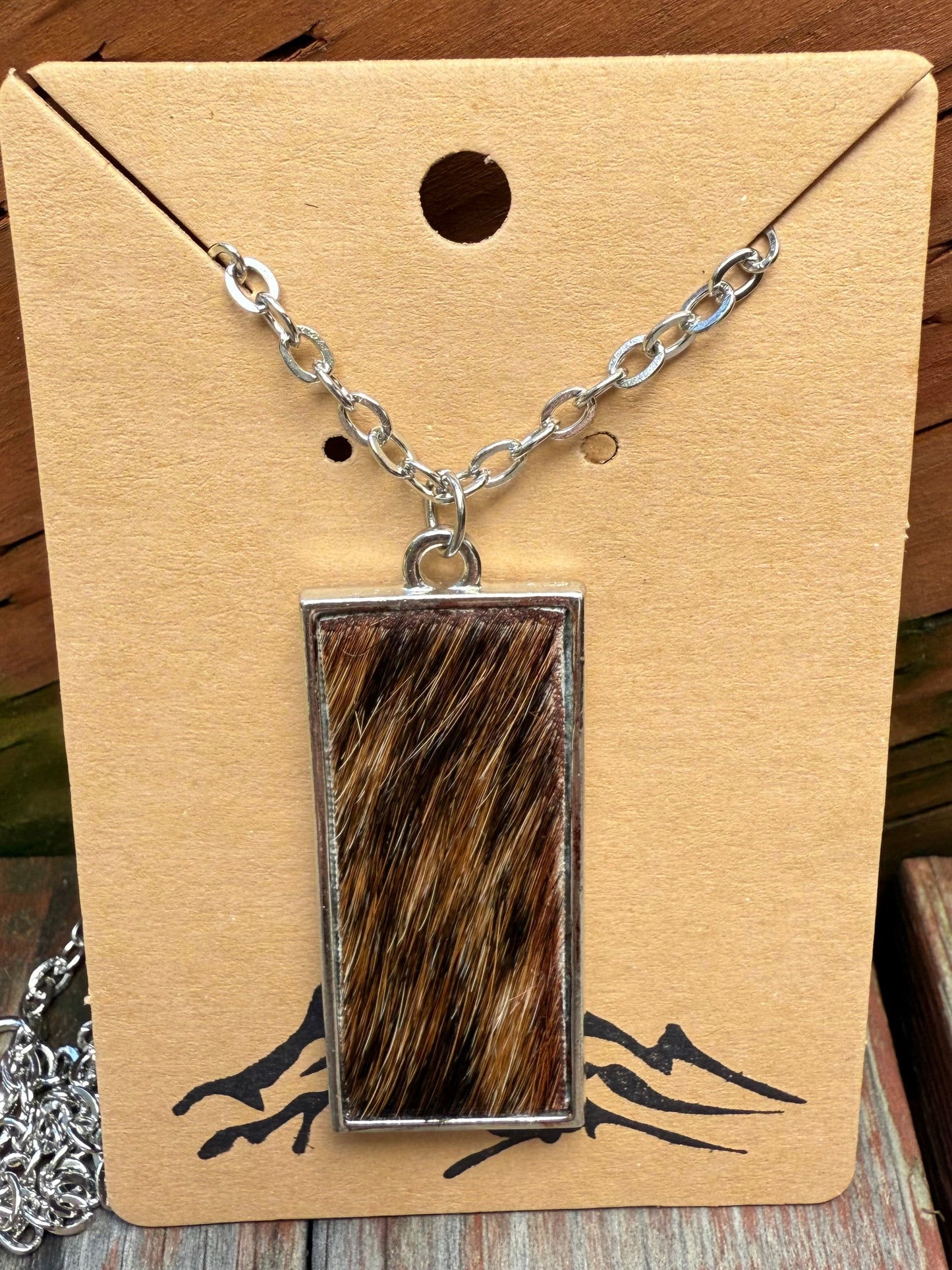 Brown/Black hair-on cowhide rectangle shaped pendant with chain