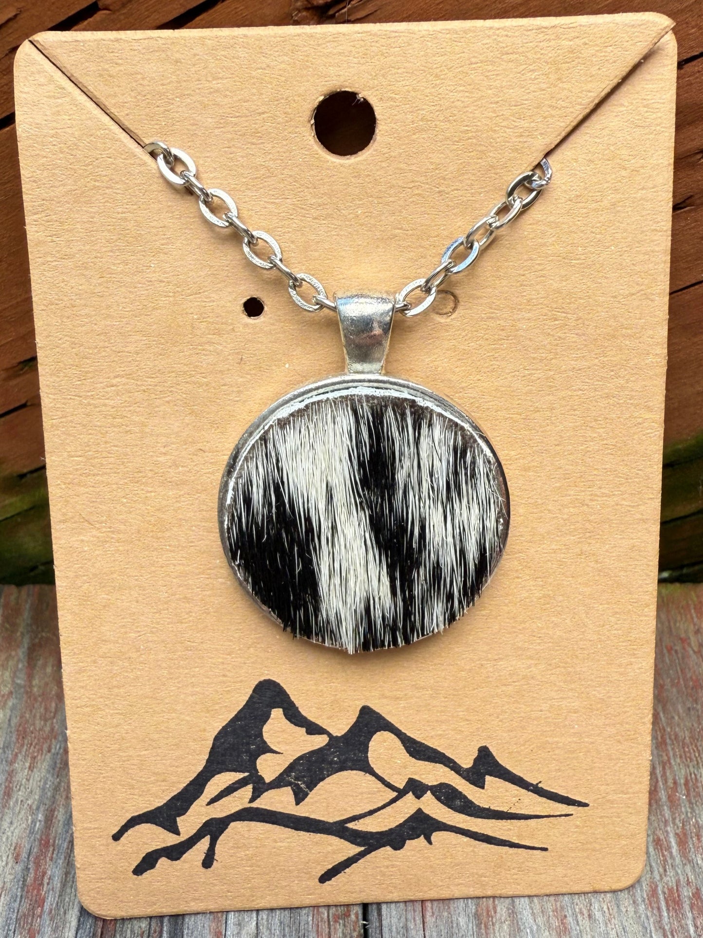 Black & White Hair-on Cowhide Circle Pendant Necklace