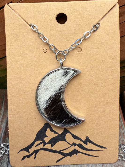 Black & White Hair-On Cowhide Moon Pendant Necklace