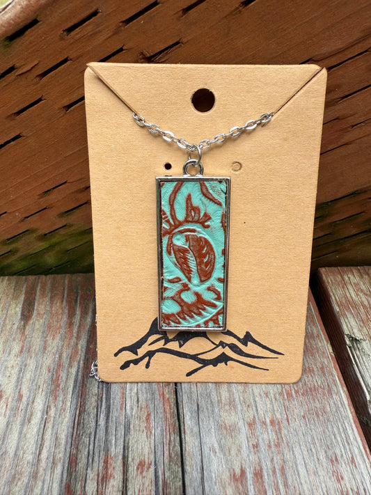 Turquoise embossed leather rectangle shaped pendant with chain