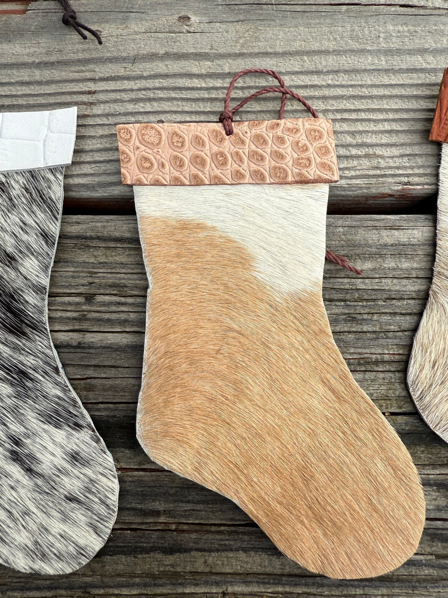 Hair-on cowhide stocking ornament/decor