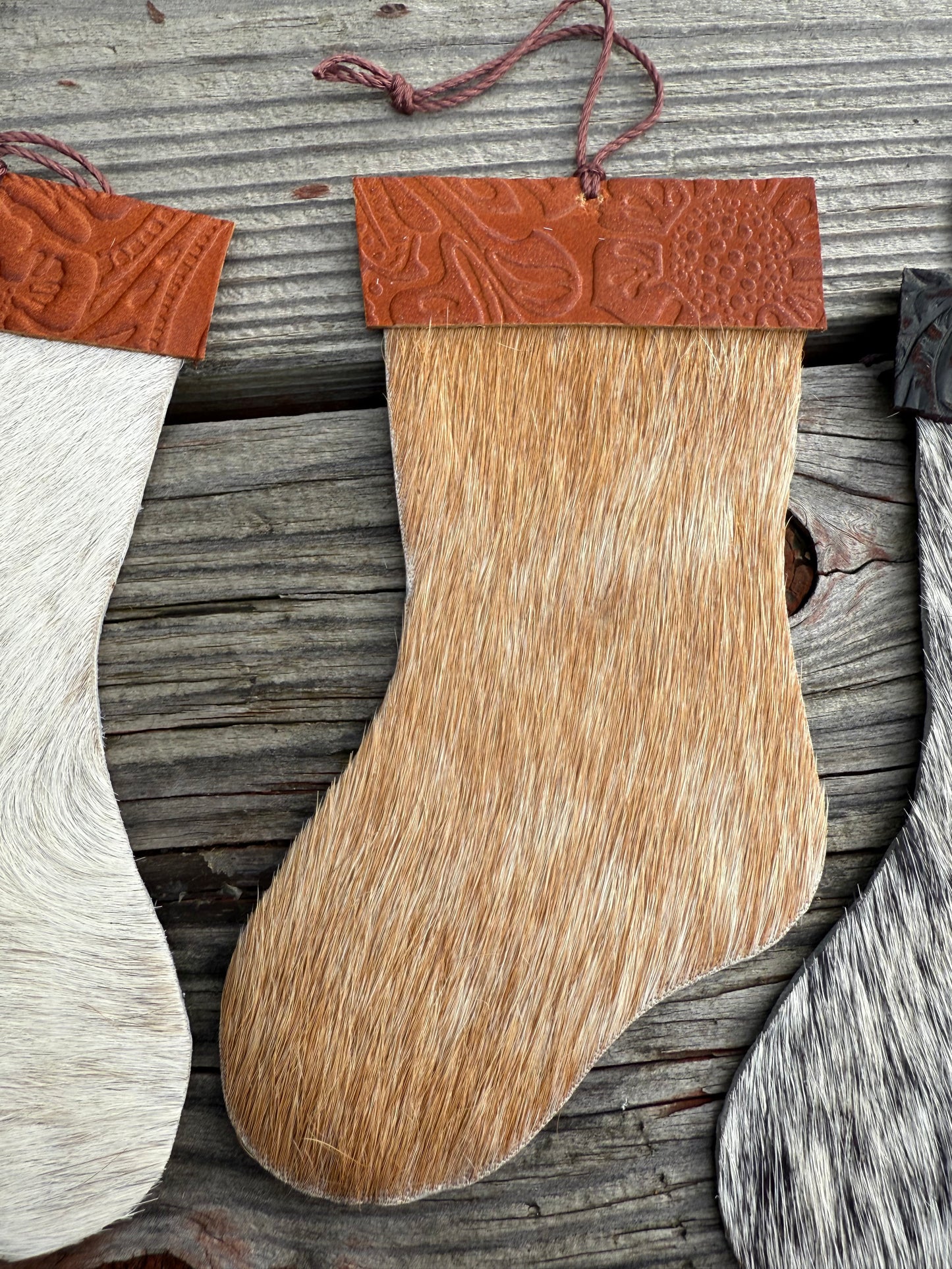 Hair-on cowhide stocking ornament/decor