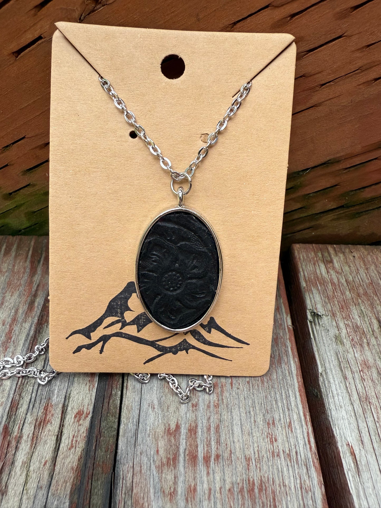 Black Embossed Leather Oval Pendant Necklace