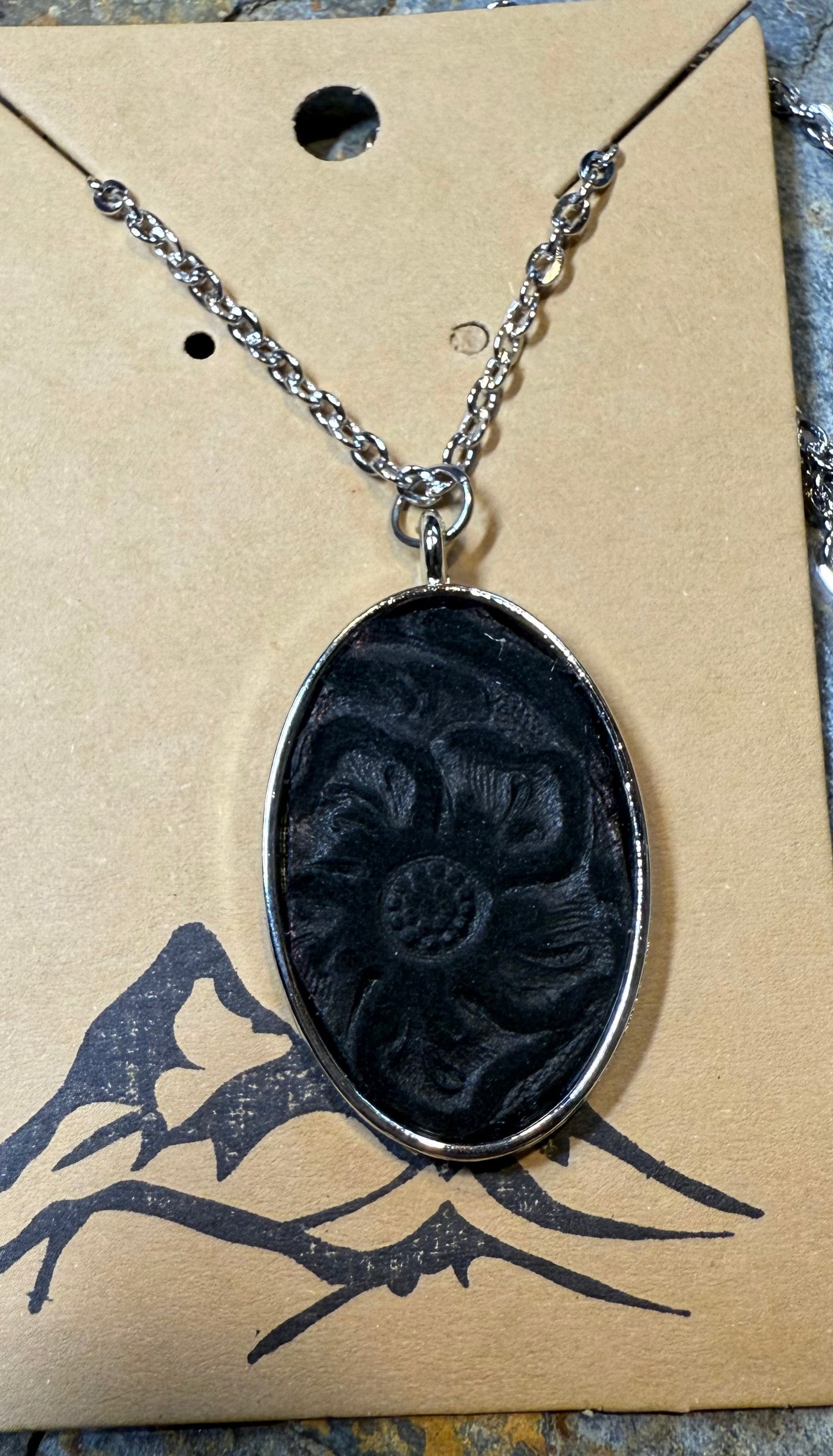 Black Embossed Leather Oval Pendant Necklace