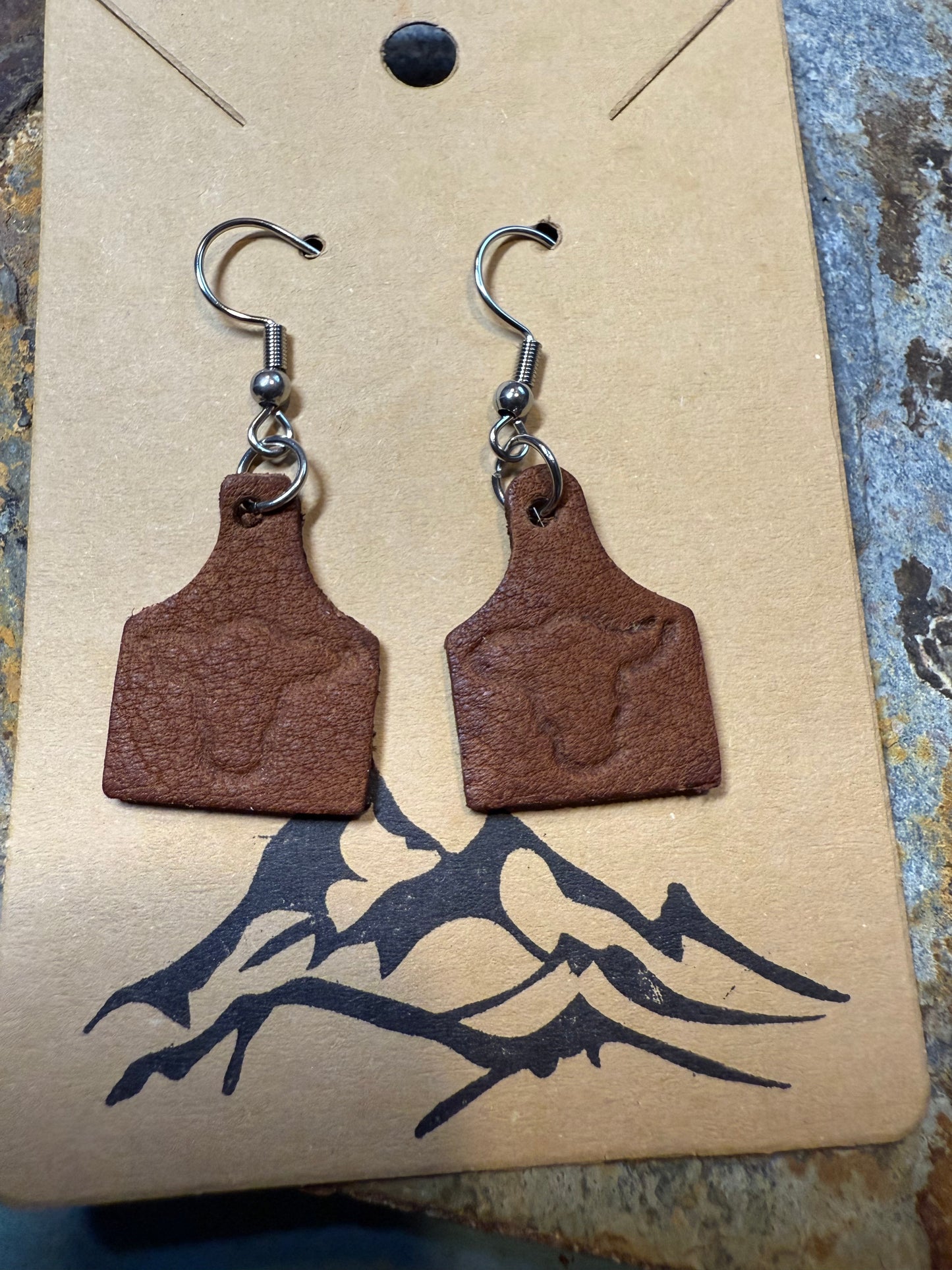 Cow Head Embossed Mini Cow Tag Leather Earrings