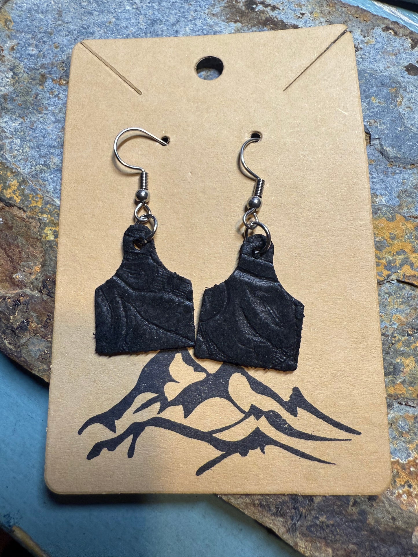 Embossed Leather Mini Cow Tag Earrings