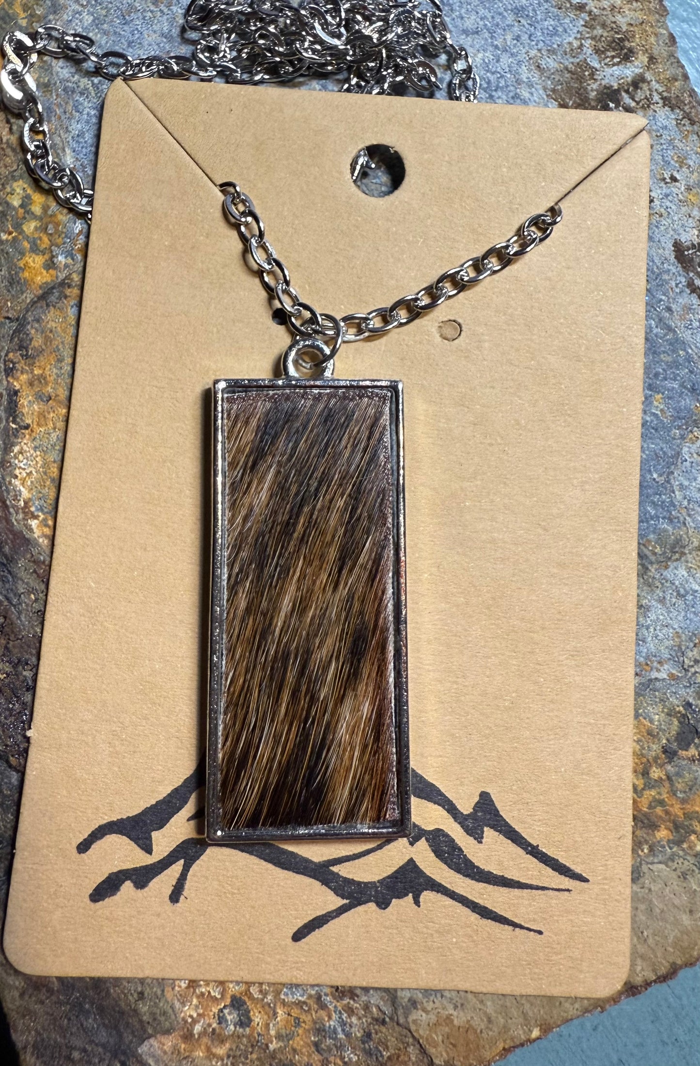 Brown/Black hair-on cowhide rectangle shaped pendant with chain